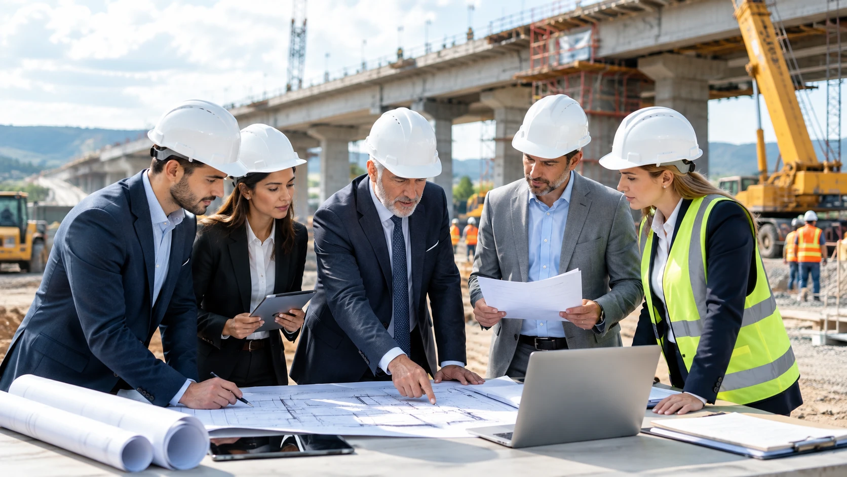 Infrastructure professionals reviewing project plans at a construction site